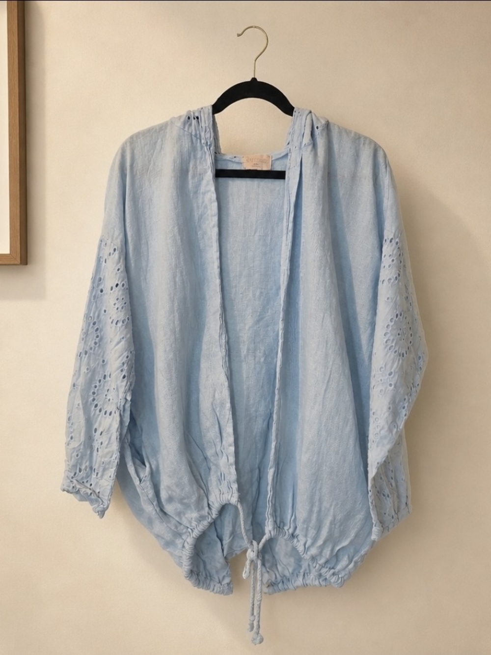 Sunny Studio Paris Linen Hooded Open Front Jacket Blue Eyelet Sleeve Boho